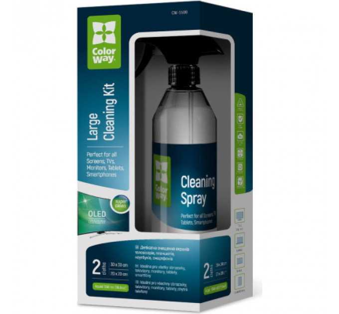 Спрей для очищення ColorWay Cleaning Kit, Large, OLED/LED/LCD/TFT, 550ml, microfibre*2 (CW-5500)