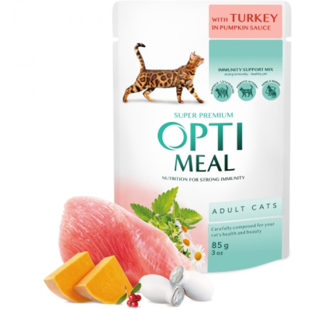 Optimeal Вологий корм для кішок Optimeal з індичкою в гарбузовому соусі 85 г (4820215365857)