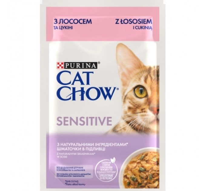 Purina Cat Chow Вологий корм для кішок Purina Cat Chow Sensitive з Лососем та Цукіні в желе 85 г (8445290426574)