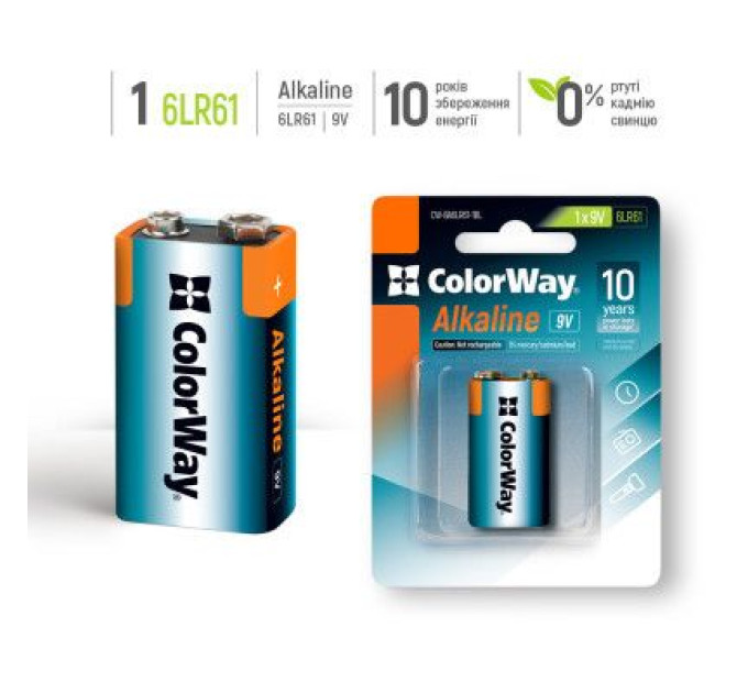 ColorWay Батарейка ColorWay Крона 6LR61 9V Alkaline Power * 1 (CW-BA6LR61-1BL)