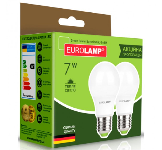 Eurolamp Лампочка Eurolamp LED A60 7W E27 3000K 220V акция 1+1 (MLP-LED-A60-07272(E))