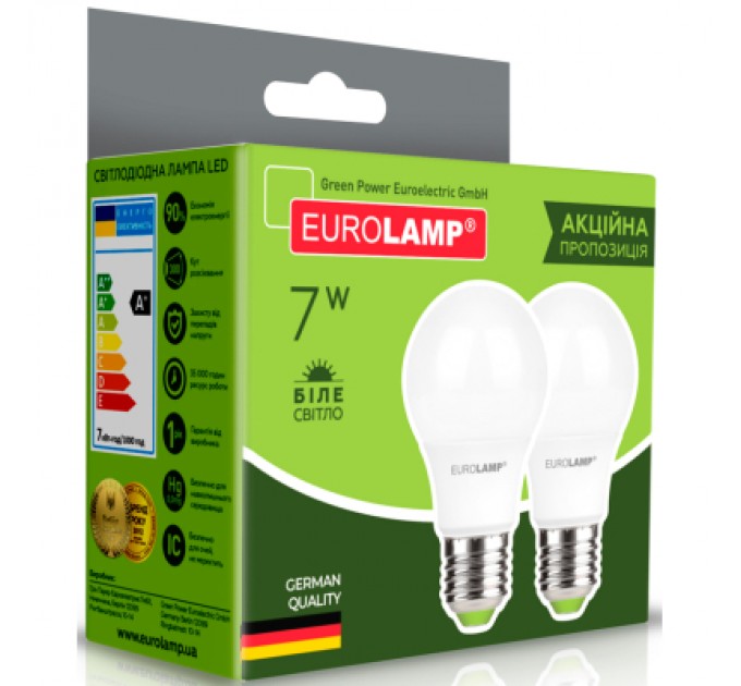 Лампочка Eurolamp LED A60 7W E27 4000K 220V акция 1+1 (MLP-LED-A60-07274(E))