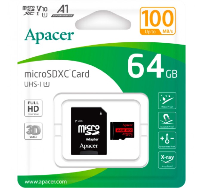 Apacer Карта пам'яті Apacer 64GB microSD class 10 UHS-I V10 A1 (AP64GMCSX10UB-R)