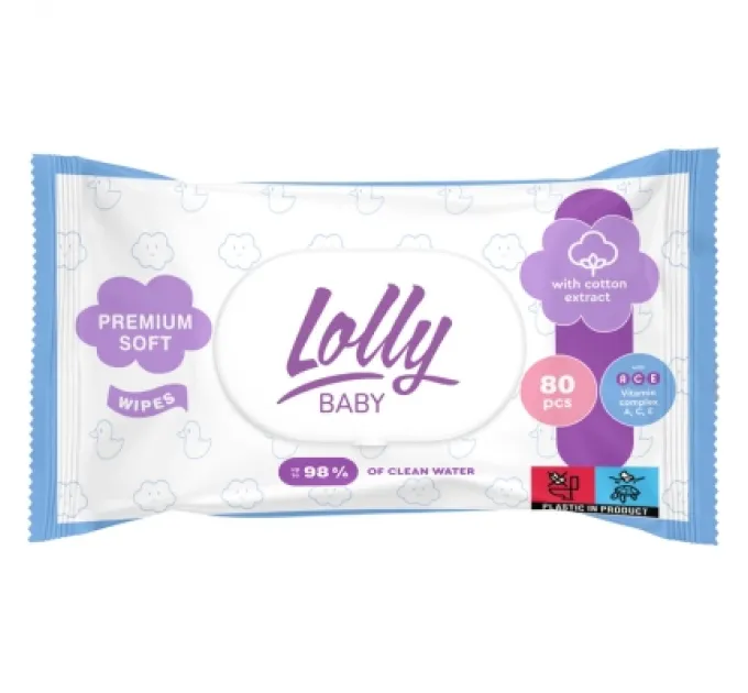 Дитячі вологі серветки Lolly з перших днів життя з клапаном 80 шт (4820174981136)