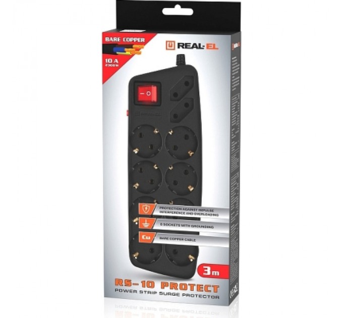 REAL-EL Мережевий фільтр живлення REAL-EL REAL-EL RS-10 Protect, 3m, black (EL122300039)