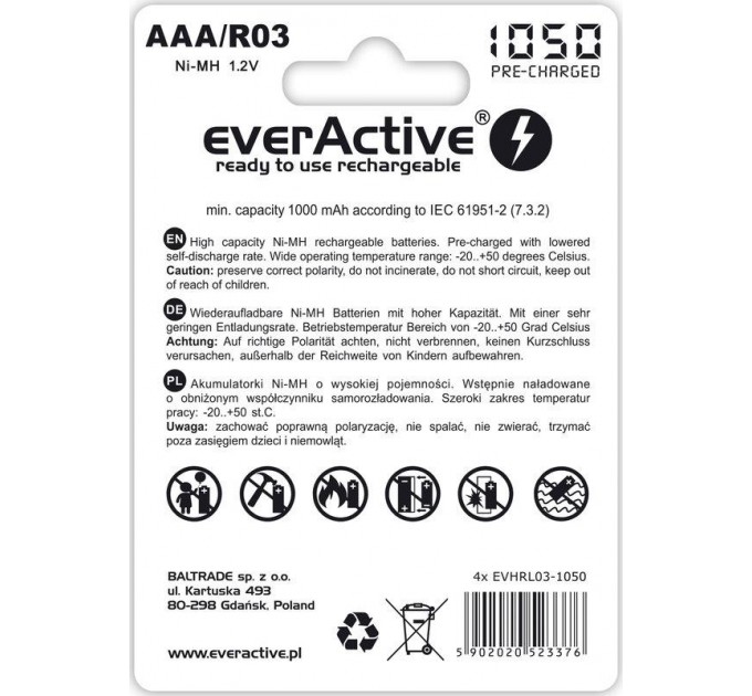 Аккумулятор everActive AAA/HR03 Ni-MH 1050mAh BL 4шт