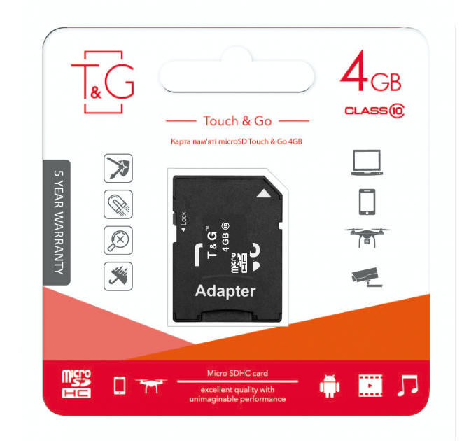 Карта пам`яті MicroSDHC 4GB Class 10 T&G + SD-adapter (TG-4GBSDCL10-01)
