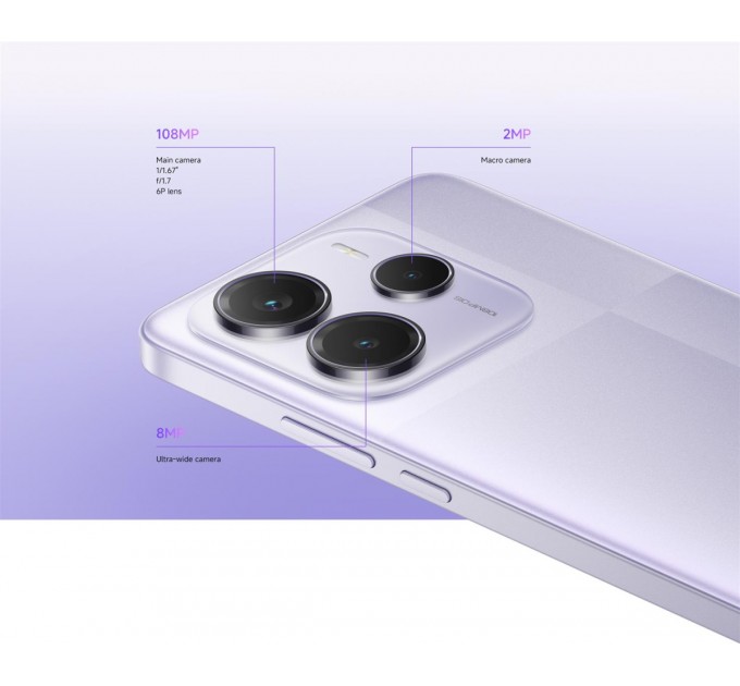 Xiaomi Смартфон Xiaomi Redmi Note 14 5G 8/256GB Lavender Purple; 6.67" (2400х1080) AMOLED / MediaTek Dimensity 7025 Ultra / ОЗУ 8 ГБ / 256 ГБ встроенной + microSD до 1 ТБ / камера 108+8+2 Мп + 20 Мп / 5G / Bluetooth, Wi-Fi, NFC / GPS, Galileo, Glonas