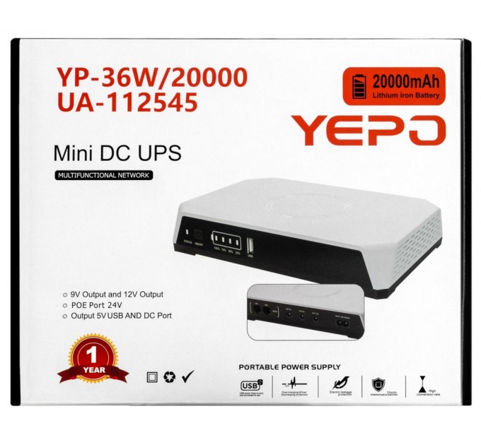 Yepo Джерело безперебійного живлення Yepo Mini DC-UPS YP-36W/20000mAh LiFePO4 DC-5V/9V/12V (UA-112545)