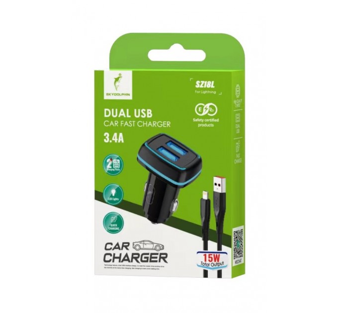 Автомобильное зарядное устройство SkyDolphin SZ18L (2USB, 3.4A) Black (AZP-000099) + кабель Lightning