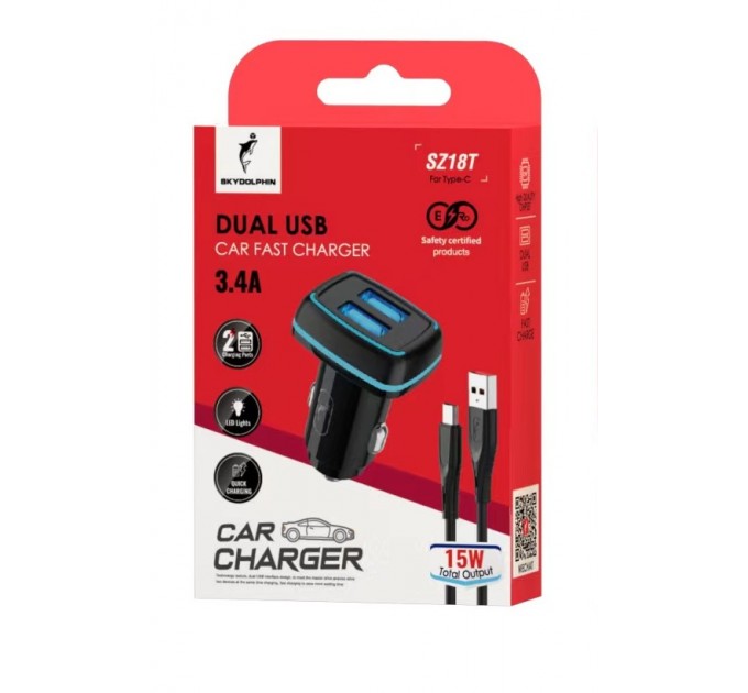 SkyDolphin Автомобильное зарядное устройство SkyDolphin SZ18T (2USB, 3.4A) Black (AZP-000100) + кабель Type-C