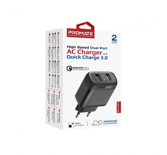 Promate Зарядное устройство Promate BiPlug-QC3 Black