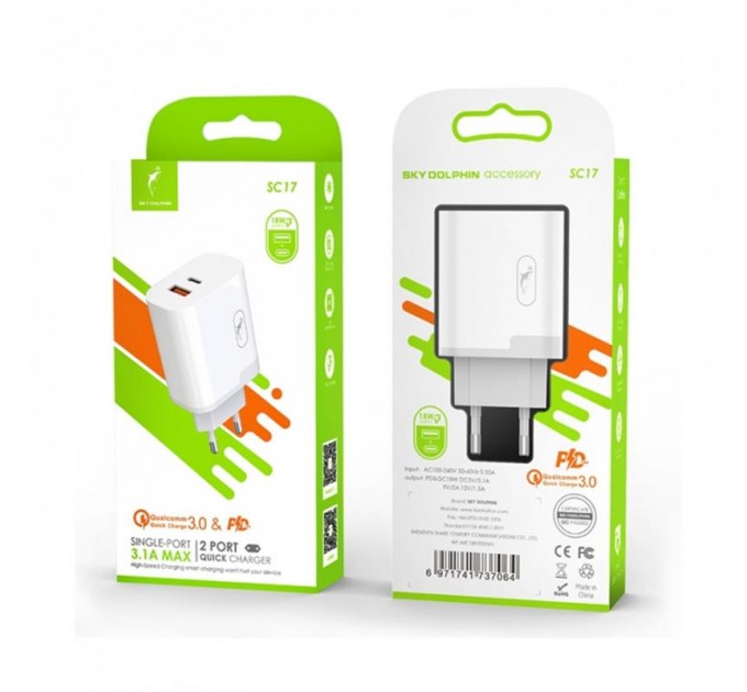 SkyDolphin Зарядное устройство SkyDolphin SC17 PD+QC3.0 (USB TYPE-Cx3A + USB TYPE-Ax3A) White (SDMZP-000110)