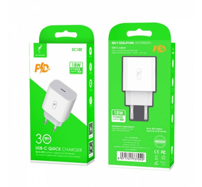 SkyDolphin Зарядное устройство SkyDolphin SC18E PD2.0 (1USB-С, 3A) White (SDMZP-000155)