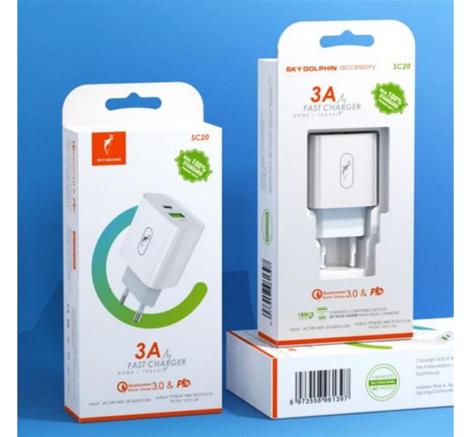 SkyDolphin Зарядное устройство SkyDolphin SC20 PD+QC3.0 (2USB, 3A) White (SDMZP-000121)