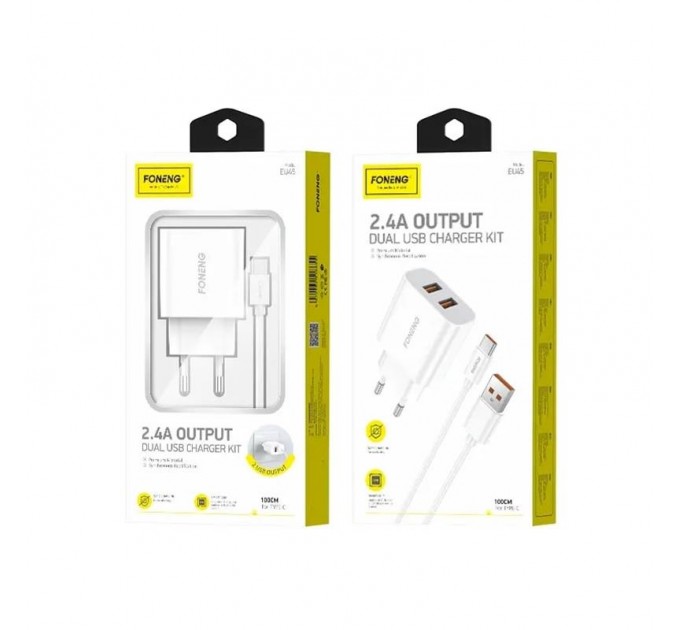 Foneng Сетевое зарядное устройство Foneng EU45 Dual USB Charger (2USBх2.4A) White (EU45-CH-TC) + кабель USB Type C