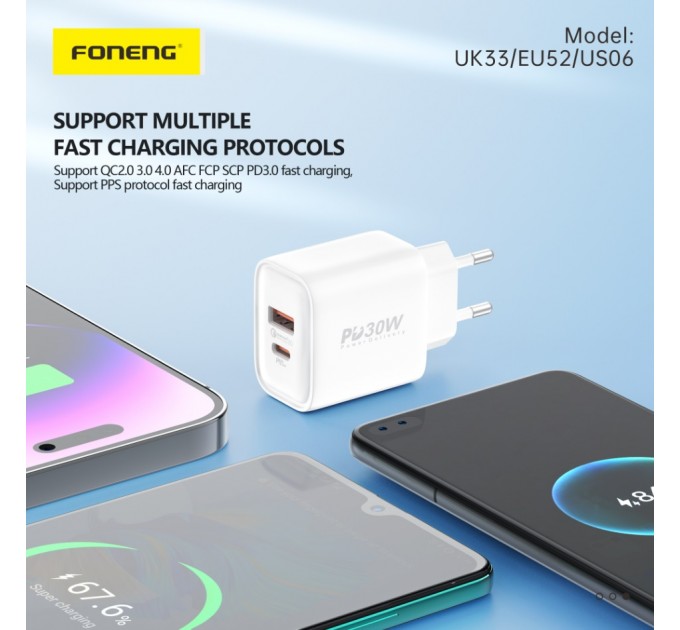 Foneng Мережевий зарядний пристрій Foneng EU52-CH PD 30W (1xUSB, 1xType-C) White