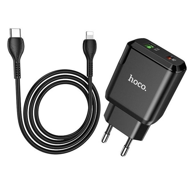 HOCO Сетевое зарядное устройство Hoco N5 (1USB 3A QC3.0 + 1 PD Type-C) Black (S25719) + кабель Lightning