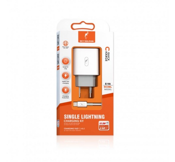Сетевое зарядное устройство SkyDolphin SC38T (USB TYPE-Cx2.4A) White (MZP-000182) + кабель Lightning