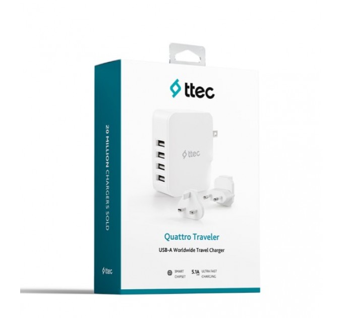 Ttec Сетевое зарядное устройство Ttec Quattro Traveler 4хUSB 5.1A/25Вт White (2SC02BUK)