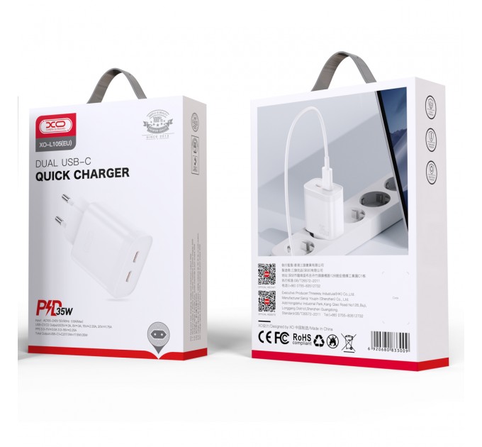 XO Сетевое зарядное устройство XO L105 (2USB-С, 3А) PD White (L105.white)