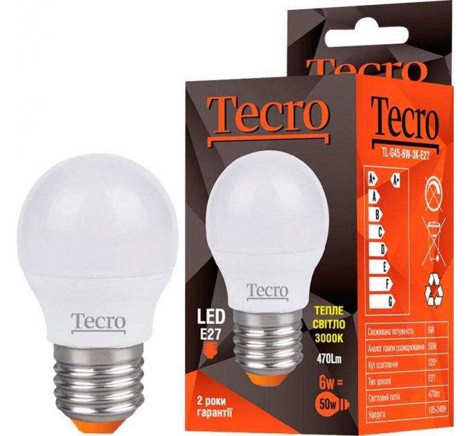 Tecro Лампа светодиодная Tecro 6W E27 3000K (TL-G45-6W-3K-E27)