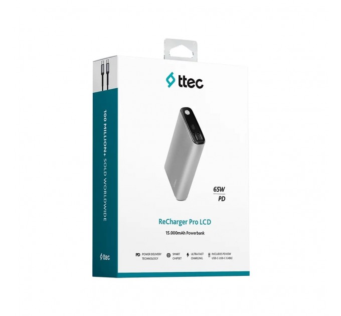 Ttec Универсальная мобильная батарея Ttec 15000mAh ReCharger Pro LCD PD 65W Space Gray (2BB216UG)