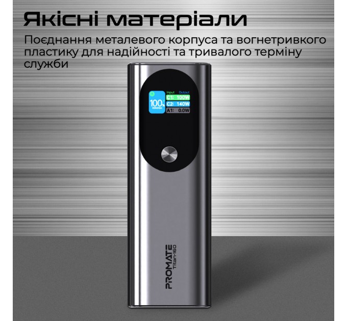 Promate Універсальна мобільна батарея Promate Titan-160 140W 27600mAh Gray