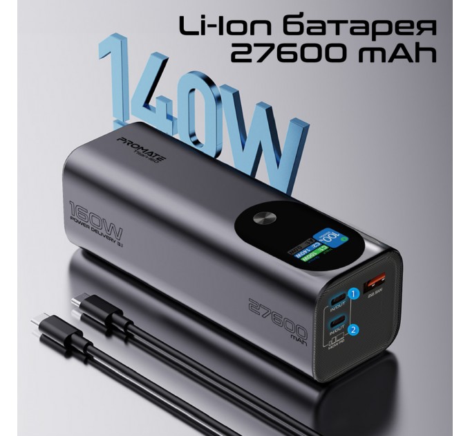 Promate Універсальна мобільна батарея Promate Titan-160 140W 27600mAh Gray