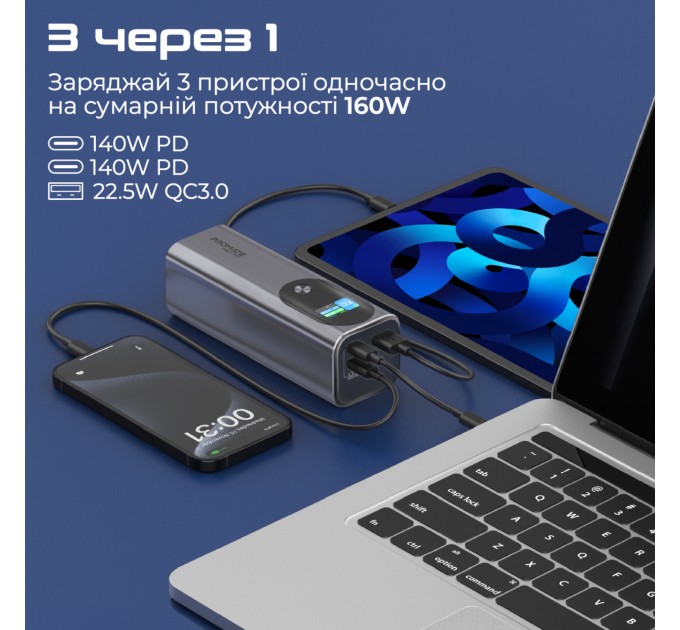 Promate Універсальна мобільна батарея Promate Titan-160 140W 27600mAh Gray