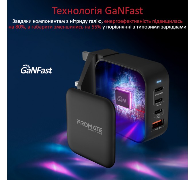 Promate Зарядний пристрій Promate GaNPort4-100PD 100W Black (ganport4-100pd.black)