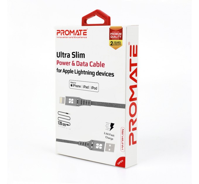 Promate Кабель Promate USB - Lightning (M/M), 2.4 A, 1.2 м, NerveLink-i Grey (nervelink-i.grey)