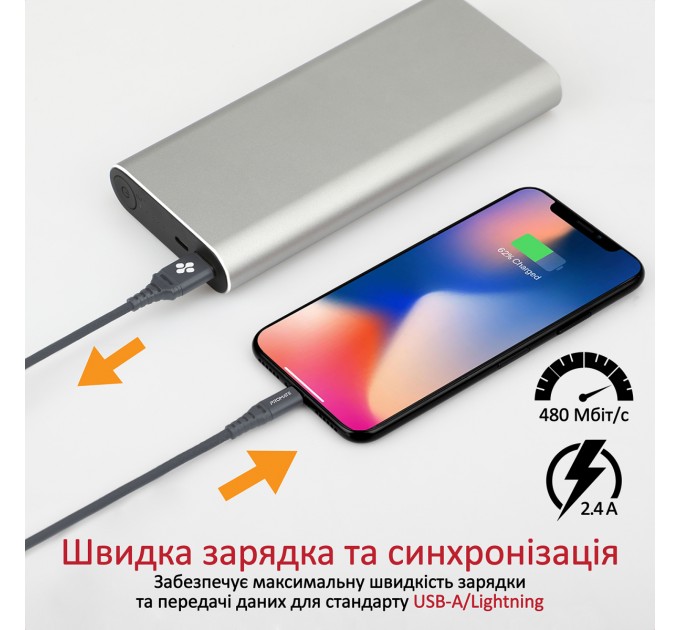 Promate Кабель Promate USB - Lightning (M/M), 2.4 A, 1.2 м, NerveLink-i Grey (nervelink-i.grey)