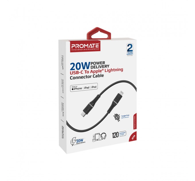 Promate Кабель Promate USB Type-C - Lightning (M/M), 2.2 A, 20 W, 1.2 м, PowerLine-Ci120 Black (powerline-ci120.black)