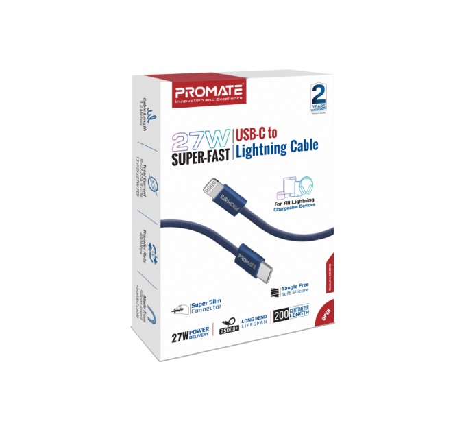 Promate Кабель Promate USB Type-C - Lightning (M/M), 3 A, 27 W, 1.2 м, EcoLine-Ci120 Navy (ecoline-ci120.navy)