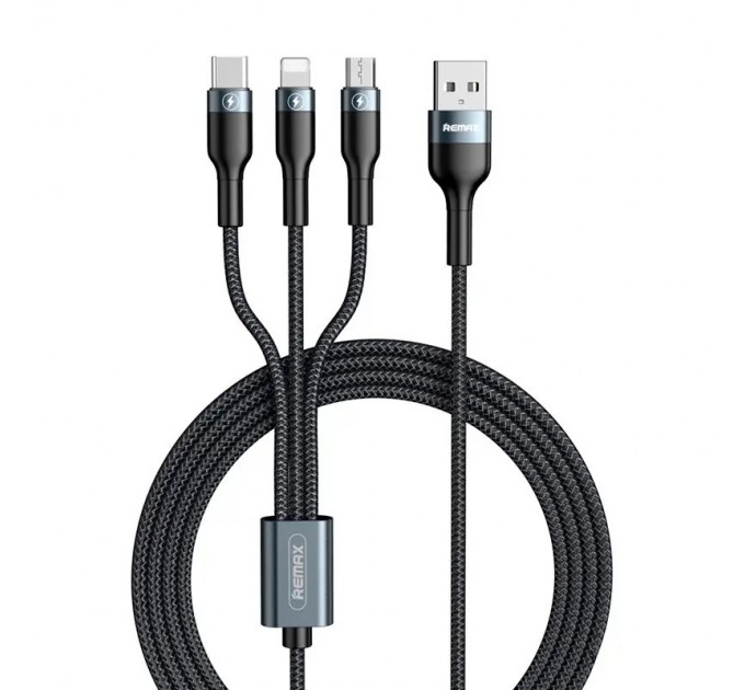Кабель Remax RC-186th SPEED Combo 3-in-1 USB - Lightning + micro USB + USB Type-C (M/M), 2.1 A, 1.2 м, Black (2000700011052)