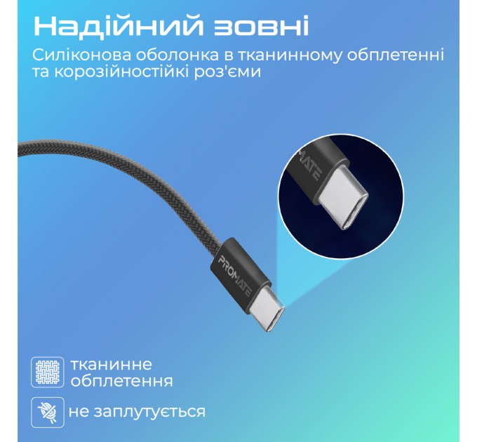 Promate Кабель Promate USB Type-C - USB Type-C (M/M), 3 A, 60 W, 1.2 м, EcoLine-CC120 Black (ecoline-cc120.black)