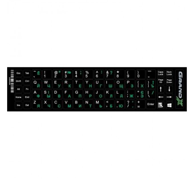 Наклейка на клавіатуру Grand-X 68 keys Cyrillic green, Latin white (GXDPGW)