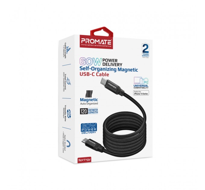 Promate Кабель Promate USB Type-C - USB Type-C (M/M), 3 A, 60 W, 1.2 м, Springy Black (springy.black)