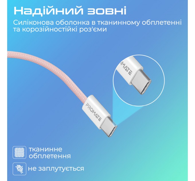 Promate Кабель Promate USB Type-C - USB Type-C (M/M), 3 A, 60 W, 2 м, EcoLine-CC200 Pink (ecoline-cc200.pink)