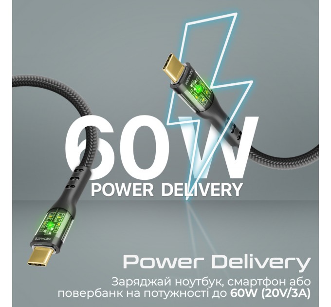 Promate Кабель Promate USB Type-C - USB Type-C (M/M), 3 A, 60 W, 2 м, TransLine-CC200 Black (transline-cc200.black)