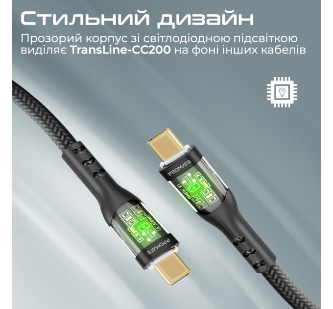 Promate Кабель Promate USB Type-C - USB Type-C (M/M), 3 A, 60 W, 2 м, TransLine-CC200 Black (transline-cc200.black)