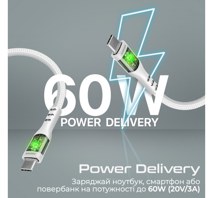 Кабель Promate USB Type-C - USB Type-C (M/M), 3 A, 60 W, 2 м, TransLine-CC200 White (transline-cc200.white)
