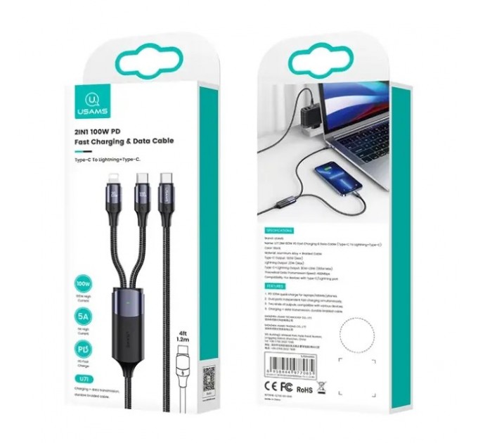 Usams Кабель Usams US-SJ550 U71 USB Type-C - Lightning + USB Type-C, 100W, 1.2 м, Black (6958444977065)