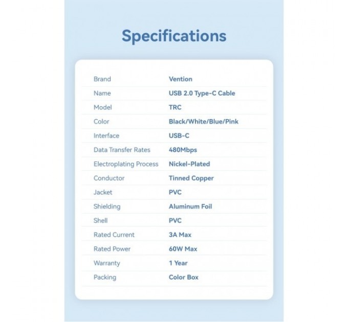 Vention Кабель Vention USB Type-C - USB Type-C (M/M), 1 м, Blue (TRCSF)