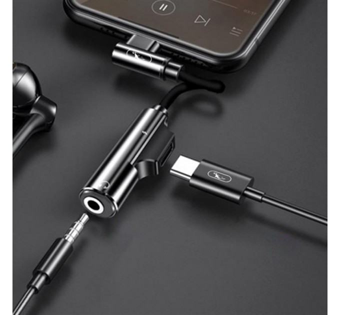 SkyDolphin Перехідник SkyDolphin AU03 USB USB-C - Jack 3.5 + USB-C (M/F), Black (ADPT-00027)