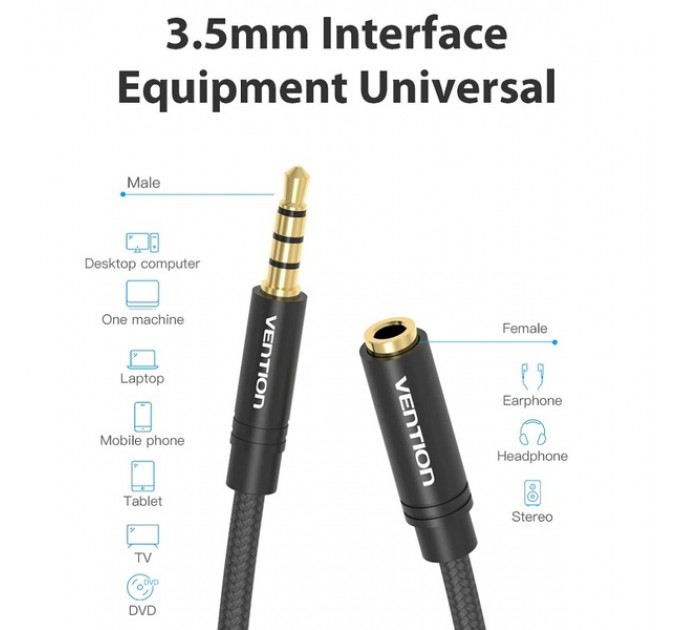 Vention Кабель Vention Audio 3.5 мм - 3.5 мм (М/F), 2 м, чорний (VAB-B06-B200-M)