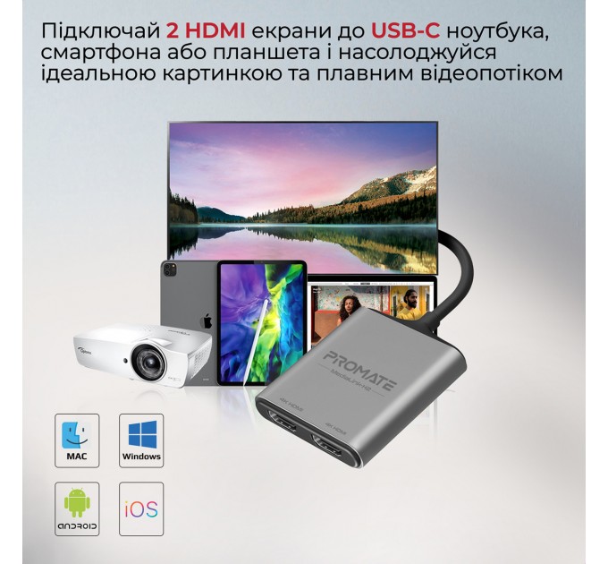 Адаптер Promate USB Type-C - 2xHDMI (M/F) MediaLink-H2 Grey (medialink-h2.grey)