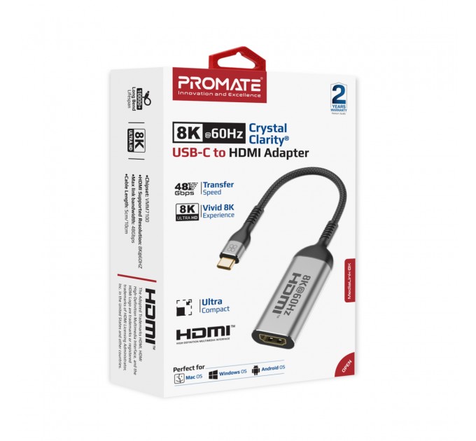 Promate Адаптер Promate USB Type-C - HDMI (M/F) MediaLink-8K Grey (medialink-8k.grey)