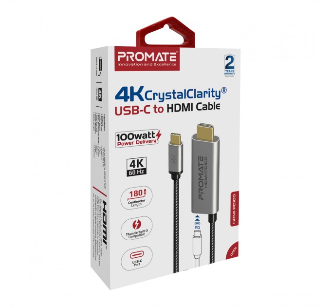 Promate Кабель Promate USB Type-C - HDMI V 2.0 (M/M), 1.8 м, HDMI-PD100 Grey (hdmi-pd100.grey)